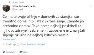Urška Bačovnik Janša pozvala naj družine vzamejo svoje svojce iz domov za starejše občane
