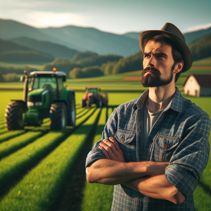 DALL·E 2023-12-17 09.58.52 - A Slovenian farmer standing in a green field, looking thoughtfully at the surrounding farmland. In the background, there are tractors and other farm e