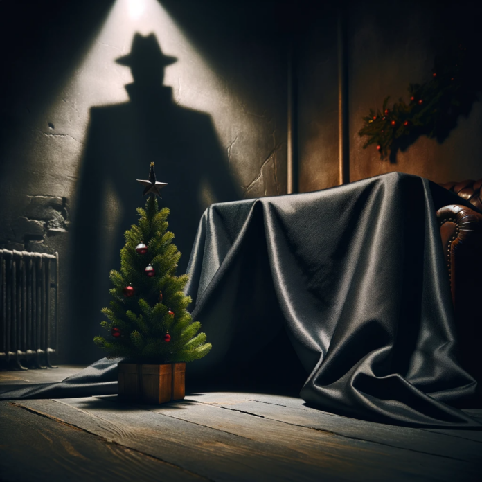 DALL·E 2023-12-25 14.19.12 - A symbolic image representing the prohibition of Christmas celebrations. The scene is somber and thought-provoking, featuring a dimly lit room with a