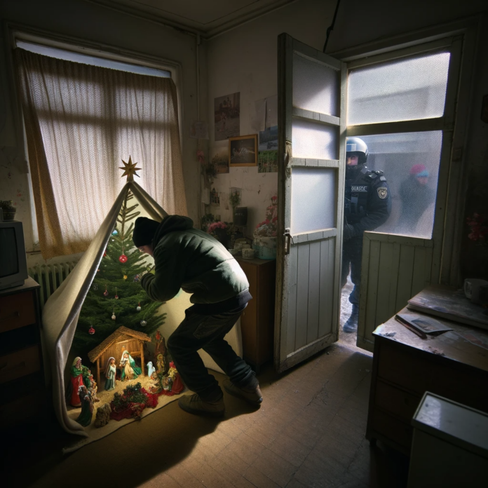 DALL·E 2023-12-25 15.41.14 - Inside a small room, a person is hurriedly trying to cover a Christmas tree and a nativity scene with a blanket. The room is modestly furnished, indic