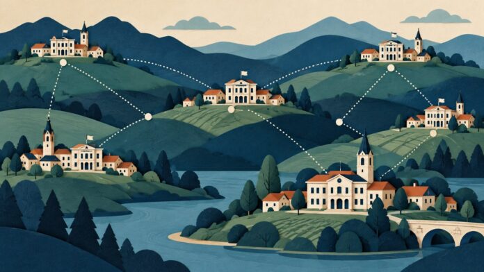 Simbolna ilustracija javnih ustanov, razporejenih med več kraji