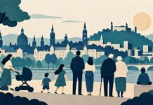Janša na MED9 izpostavil demografijo: predlog za prihodnji vrh Simbolna ilustracija različnih generacij pred evropskim mestom