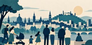 Simbolna ilustracija različnih generacij pred evropskim mestom