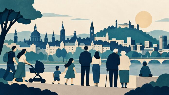 Simbolna ilustracija različnih generacij pred evropskim mestom
