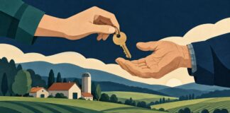 Simbolna ilustracija predaje ključa kmetije med generacijama