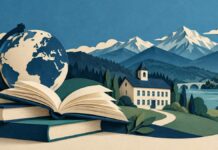 Prihodnost dvojezične šole v ospredju obiska Suzane Lep Šimenko na Koroškem Simbolna ilustracija knjig, šole in alpske pokrajine