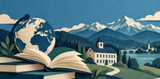 Simbolna ilustracija knjig, šole in alpske pokrajine