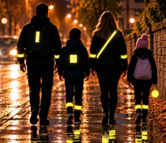 Bodi viden na Ptuju: odsevni trakovi v ospredju akcije, ob premiku ure še več previdnosti Ilustracija družine z odsevnimi trakovi pri hoji ob cesti v mraku