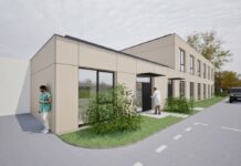 Vizualizacija načrtovanega Centra zdravja Majšperk z vhodom in parkiriščem