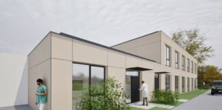 Vizualizacija načrtovanega Centra zdravja Majšperk z vhodom in parkiriščem