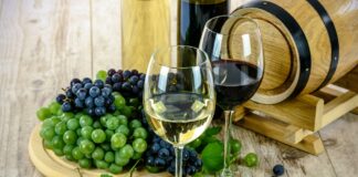 Simbolična fotografija kozarcev belega in rdečega vina z grozdjem ob lesenem sodu