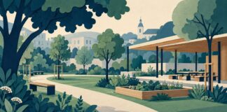 Simbolna ilustracija javnega parka, vrta in učilnice na prostem