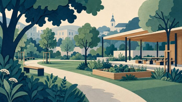 majsperk Simbolna ilustracija javnega parka, vrta in učilnice na prostem