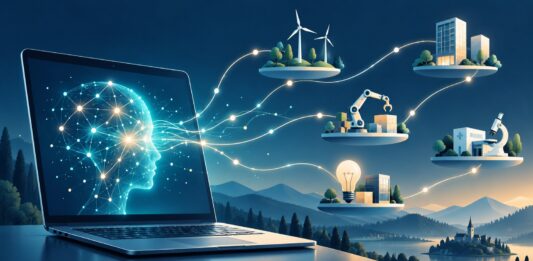 Simbolna ilustracija prenosnika in povezav umetne inteligence v podjetništvu
