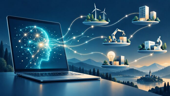 new-ai Simbolna ilustracija prenosnika in povezav umetne inteligence v podjetništvu
