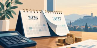 Simbolna ilustracija načrtovanja upokojitve ob prehodu iz leta 2026 v 2027