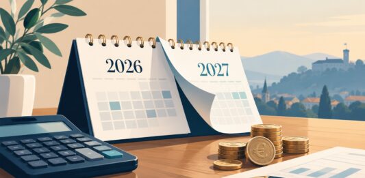 Simbolna ilustracija načrtovanja upokojitve ob prehodu iz leta 2026 v 2027