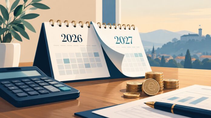 Simbolna ilustracija načrtovanja upokojitve ob prehodu iz leta 2026 v 2027