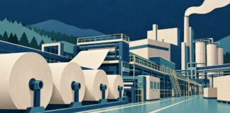 Simbolna ilustracija papirne tovarne in velikih papirnih kolutov