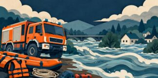 Simbolna ilustracija reševalnega vozila in opreme ob reki