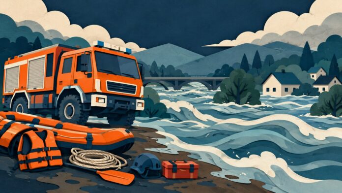 poljcane Simbolna ilustracija reševalnega vozila in opreme ob reki