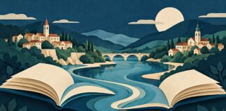 Simbolna ilustracija knjig in povezanih krajev ob reki