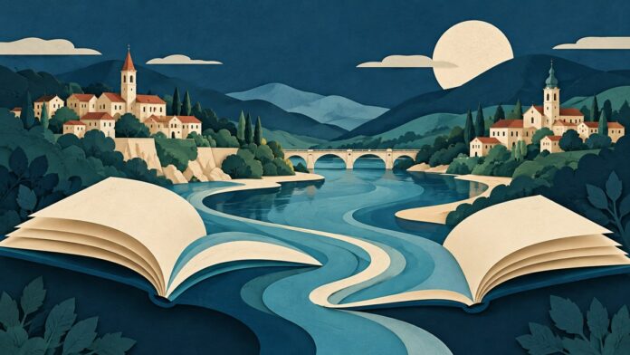 Simbolna ilustracija knjig in povezanih krajev ob reki