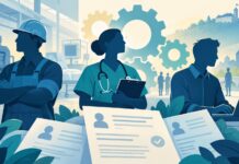 Brezposelnost pri 3,4 odstotka: Slovenija med najboljšimi v EU, podjetja pa iščejo kadre Simbolna ilustracija zaposlenih v industriji, zdravstvu in digitalnih dejavnostih