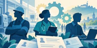 Simbolna ilustracija zaposlenih v industriji, zdravstvu in digitalnih dejavnostih