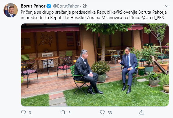 Srečanje Pahorja in Milanoviča. Foto: Twitter